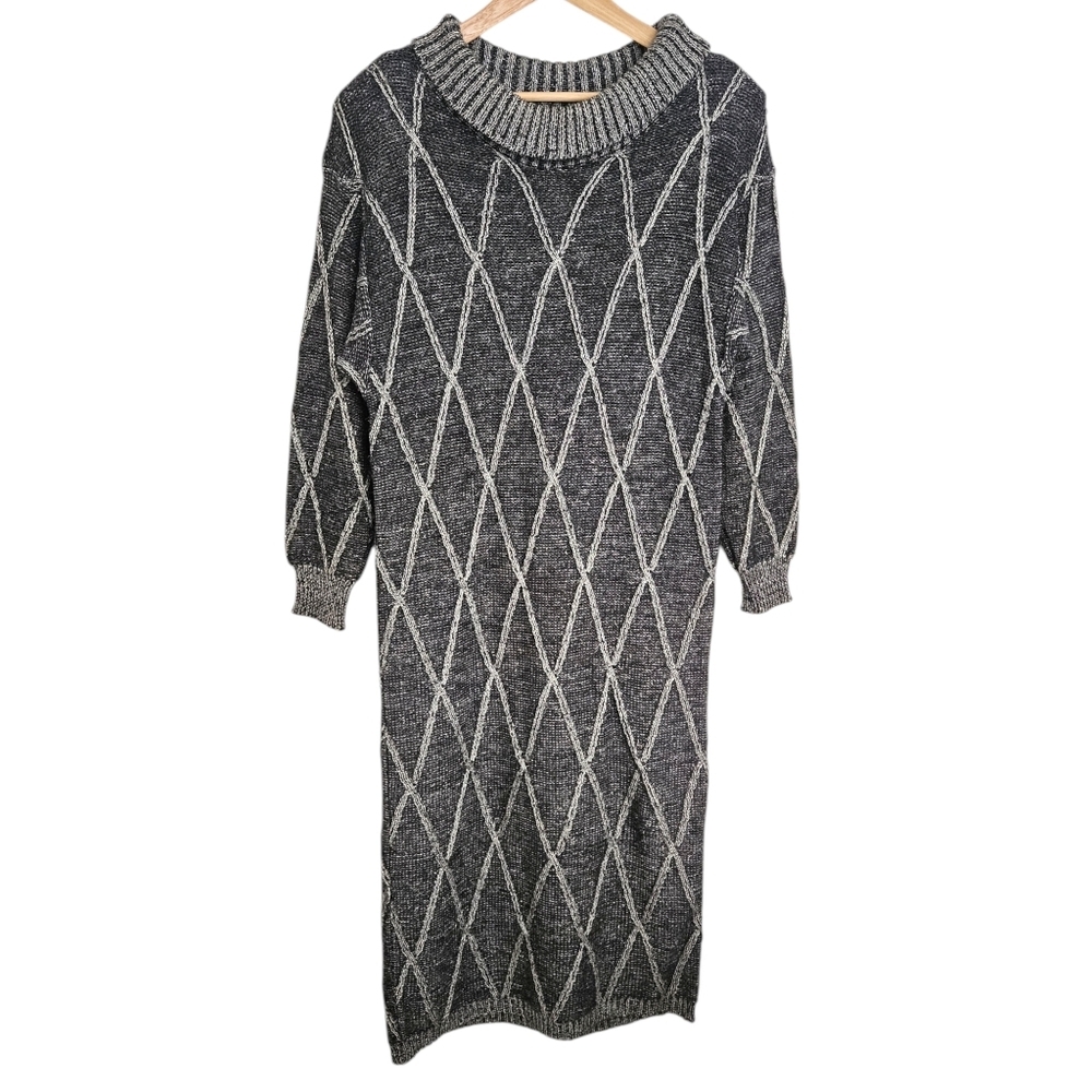 Vintage Gray Midi Sweater Dress Knitted Argyle Diamond Pattern Made in Italy